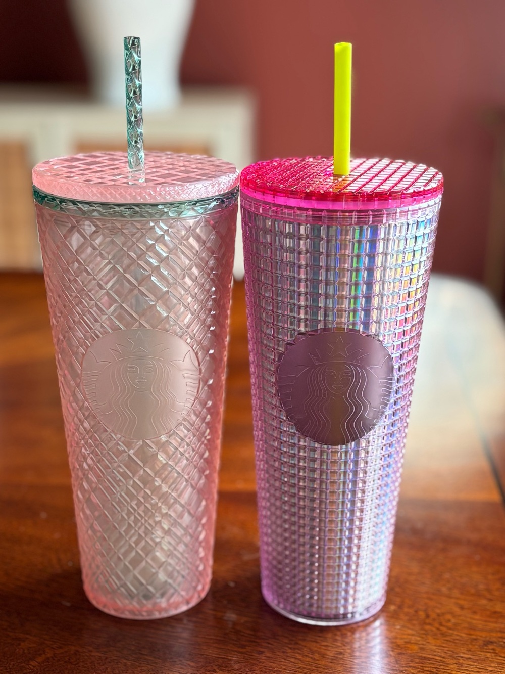 2 Starbucks Pink and Iridescent Studded Cold Cups with Lids and Straws